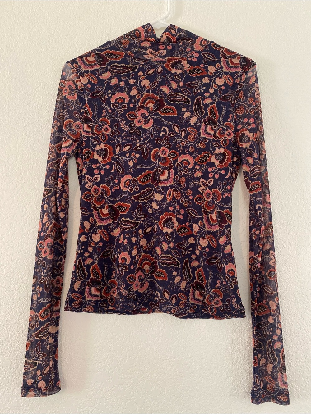 Y2K EVEREVE Tia Mesh Turtleneck Floral Paisley Top Long Sleeve Semi Sheer Size M